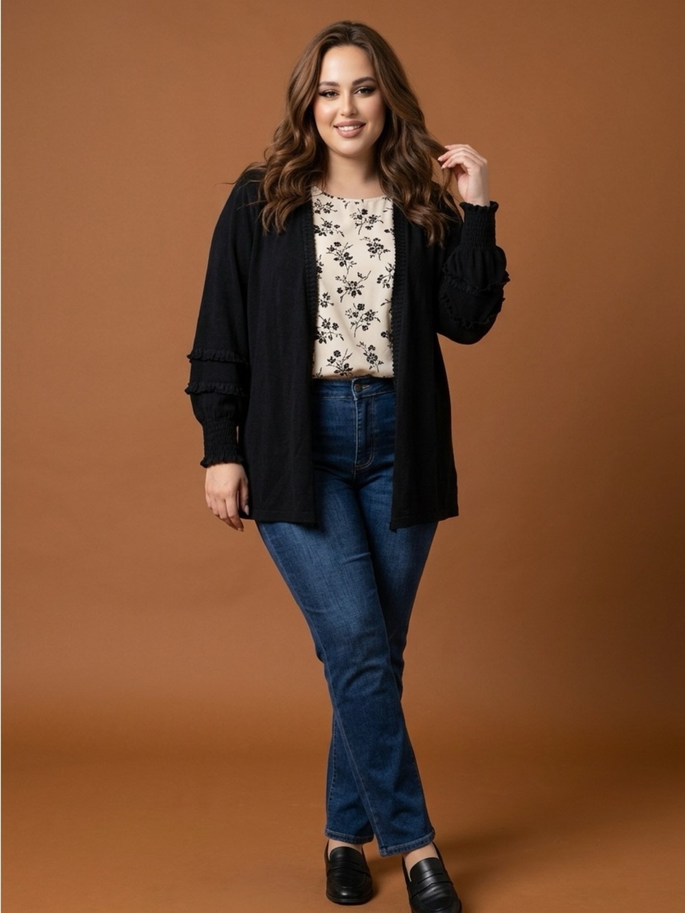 Chico's Black Open-Front Cardigan with Fancy Trim Smocked Sleeves